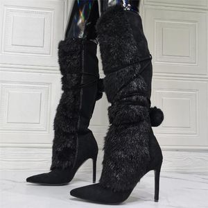 Bottes dames 2022 chaussures noir daim boule de fourrure genou haute femmes talon aiguille bout pointu métal à lacets côté Zip