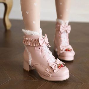 Laarzen dames enkel laarzen dames schoenen zoete ruches lolita mooie cosplay platform meisjes midden hakken laarsjes vrouw roze wit grote maat 45