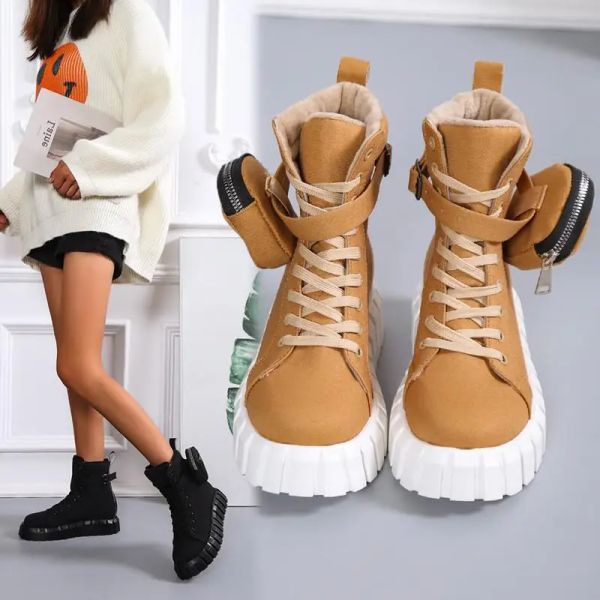 Boots dames Designer Boots avec poches Platform Shoes Fashion Fashion 2022 Boots de la cheville Laceup Chaussures punk Botas Mujer Bottes pour femmes