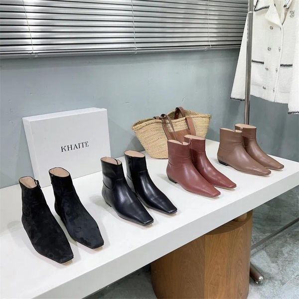 Botas Damas Diseñador Moda Lujo Khaite Pisos Tacón Pequeño Punta Cuadrada Mujer Plano Cremallera Lateral Botines Cuero Desnudo