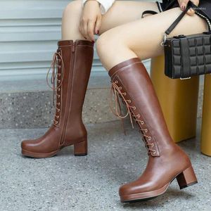 Bottes dames mode croix liée chevalier automne hiver genou haute femme talon carré fermeture éclair chaussures pour femmes