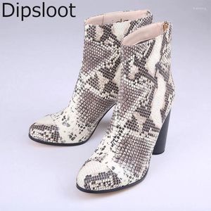 Laarzen dames python lederen enkel pluche in winter vrouwen rond teen chunky hoge hakken warme slangenhuid korte bottines