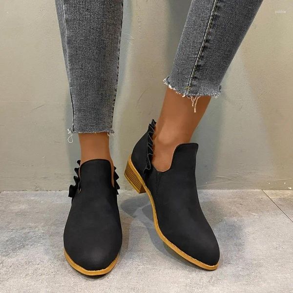 Boots Ladies Chaussures 2024 tendance tendance sur la cheville femme rétro moderne plissée rond talon carré zapatos