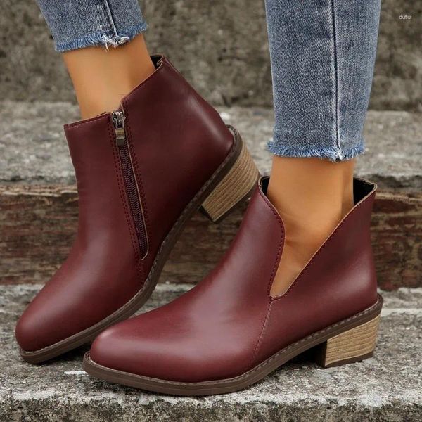 Boots dames chaussures en vente 2023 côté extérieur zip cheville femme rétro moderne des femmes pointues talon gros