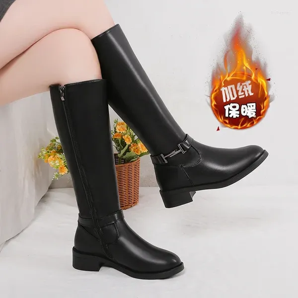 Boots Ladies Chaussures en vente 2024 Side de haute qualité Zipper Femme Femme Round rond Tube solide Chunky Heel Fashion