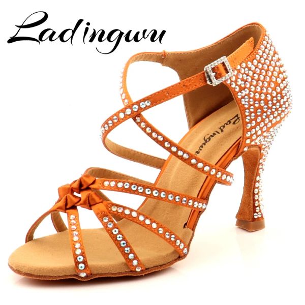 Boots Ladingwu Bronze Silk Satin Latin Dance Chaussures Olassic Fourband Not Rhinestone Salsa Dance Shoes Ballroom Tango Dance Shoes