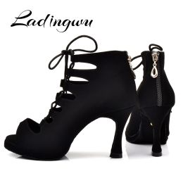 Laarzen ladingwu nieuwe dames latin dans schoenen balzaal tango platform dames dames ladys comfortabel flanellen dansen schoenen zwart 9 cm cuba