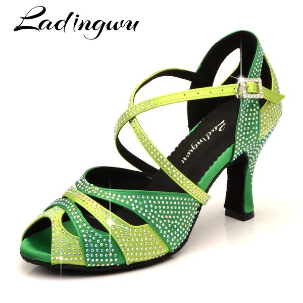 Boots Ladingwu Hinestone Dance Chaussures Latin Salsa Dance Girls Chaussures Green Dark Green Greadient Dance Chaussures Femme Pinche petite bouche