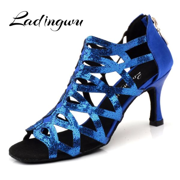 Boots Ladingwu femme latin chaussures de danse paillettes bleues et sandales en satin pour chaussures de danse pour salle de bal dansant talon pour femmes chaussures salsa