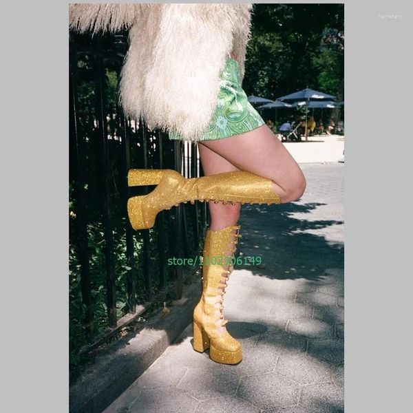 Boots Lady Cut-Out Knee-High Platform Bling Yellow Hollow Design Suede Gold Glitter Zipper Boucle Chunky Talons 46