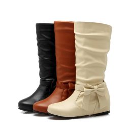 Boots Lady Plus tailles 3452 chaud court bowknot en cuir souple de mode en cuir soft talons midcalf bottier femmes pompes chaussures d'hiver rond orteil
