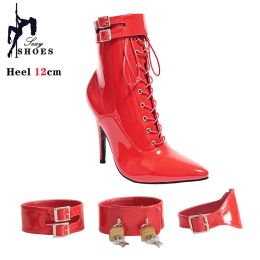 Boots Lady Sexy Pink Fetish Zip Ankle Boots t Show Pointy Toe Lock Belt Club Party Chaussures Fin High Heels Lace Bottes for Women