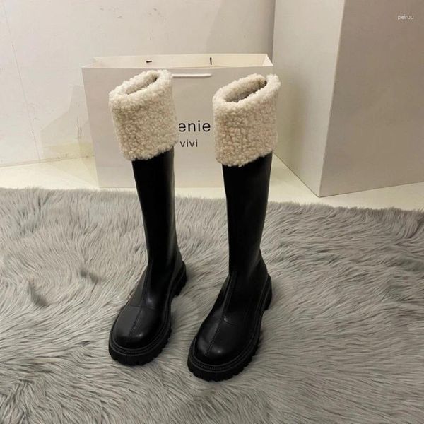 Botas de pelo de cordero nieve mantener caliente otoño invierno todo partido moda rodilla altura plataforma gruesa cremallera botas mujer