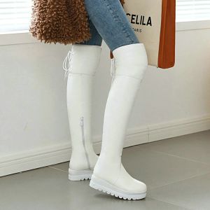 Bottes grandes taille 3443 Plateforme de femmes mignonnes sur les bottes du genou style collégial dames cuisses hautes bottes de neige noires blancs d'hiver blancs