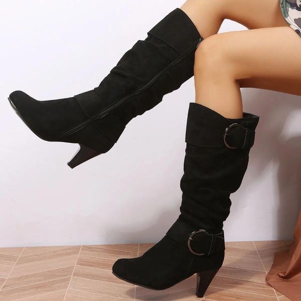 Botas talla grande 43 2024 hasta la rodilla mujer otoño imitación gamuza hebilla moda tacones Mujer Zapatos invierno Zapatos De Mujer