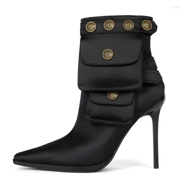 Bottes grande taille 44 talons hauts chaussures de robe stiletto en soie lisse boutons en métal poches butin court femmes bout pointu cheville