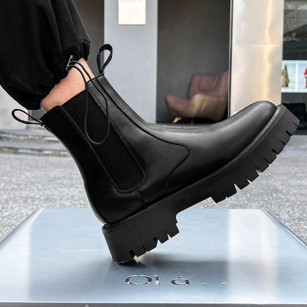 Bottes de grande taille Boots de mode pour hommes Tendance noire chaussures en cuir d'origine High Top Cowboy Platform Boot Handsome Long Botas Mans