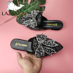 Boots Lazyseal Luxury Sequened Bow Pointed Toe Mules Chaussures Femmes Slippers Crystal Butterflyknot Flip Flops Sequelles Slipt on Slides