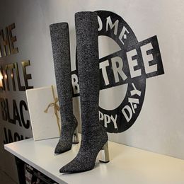 Botas LazySeal Stretch Fabric Botas altas de invierno para mujer Zapatos Punta puntiaguda Tacones de 10 cm Sobre la rodilla Calcetines de tela de algodón plateado Botas 230920