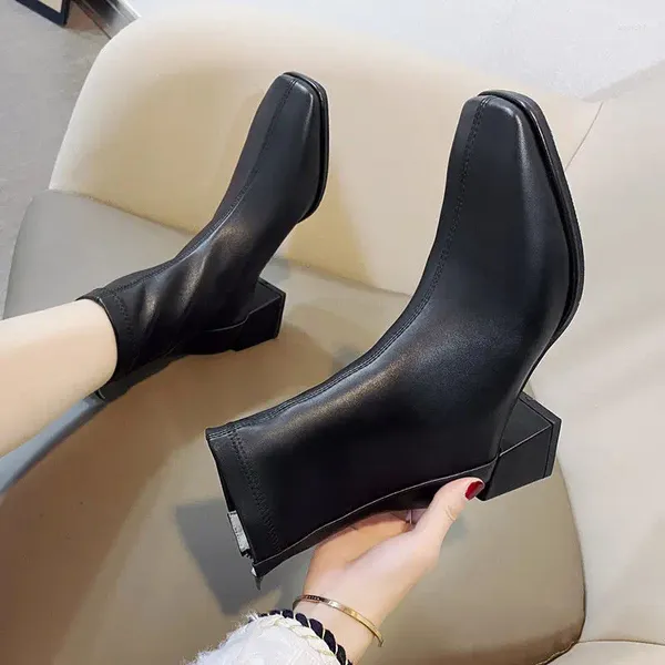 Botas de cuero otoño mujer tacón grueso suave pu medio tacón delgado elegante damas punta cuadrada zapatos con cremallera 2024 invierno