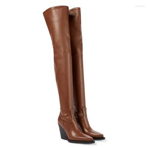 Bottes en cuir personnalisé sexy sur le genou bout pointu talon compensé rehaussé et mince grande taille talons hauts pour femmes