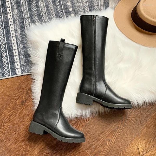 Bottes en cuir hautes femmes moto automne hiver mode Long Tube côté fermeture éclair moderne chaussons femme chaussures de créateur