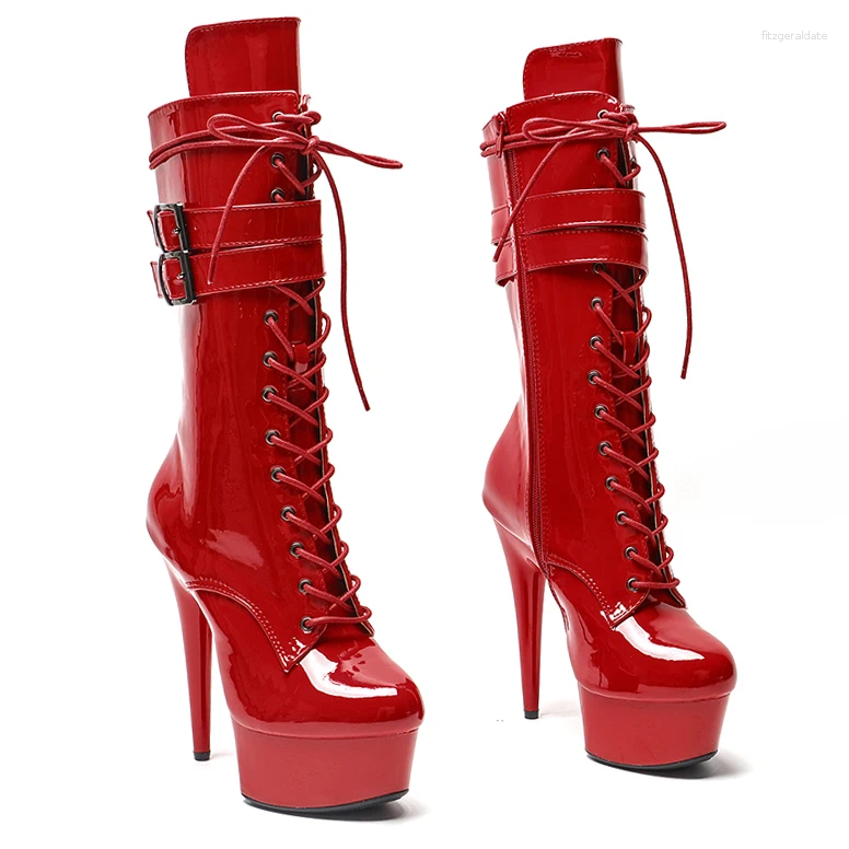 Boots Leecabe 15CM/6Inch Patent Leather Plus Size Pole Dancing Lace Up Thin Heels Sexy Fetish Platform Women Boot 4K
