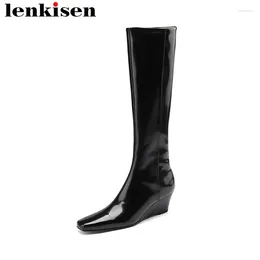 Laarzen Lenkisen Plus size koe leer ronde teen winter warme rijwedges hoge hakken luxe kantoor damesmerk ritssluiting knie