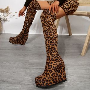 Bottes Léopard Chunky Platform Both Boots for Women 2023 Automne Hiver Cornets Over the Knee Boots Femme Gothic Bott