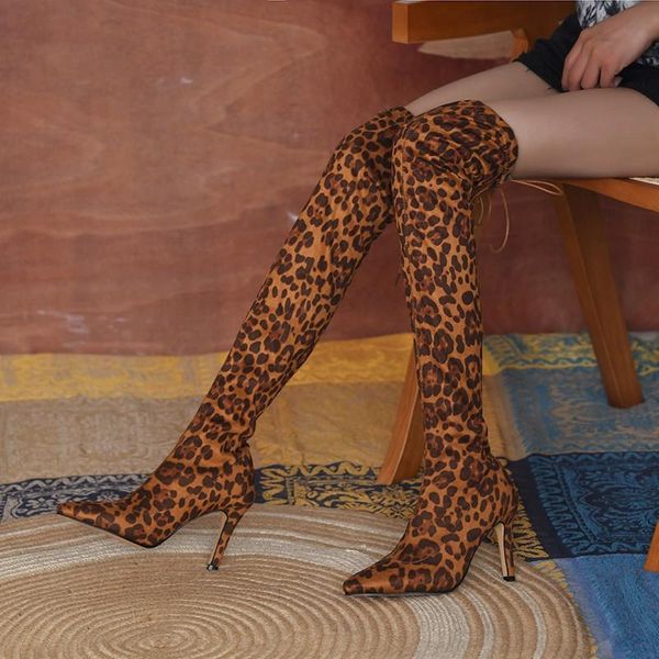 Bottes léopard longues femmes talons hauts bout pointu Sexy Club chaussures tissu extensible cuisse sur le genou taille 34-43