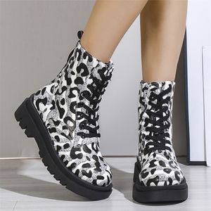 Botas con estampado de leopardo para mujer, zapatos informales con punta redonda, moda con cremallera, tacón medio, Botas femeninas 221007