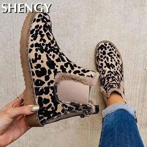 Botas Leopardo Mujeres zapatos casuales Slip On Back Zipper Comfort Suello Femenino Femenino Botones de tobillo grueso Velvet de invierno Botas de nieve cálida