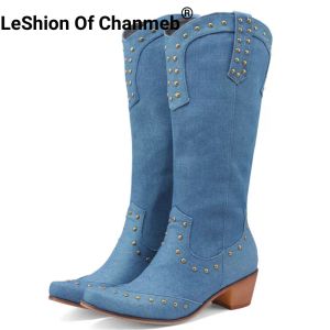 Boots LeShion of Chanmeb Nouveaux rivets punk jeans jeans genouhigh bottes femme talons de bloc moyen cow-girl cowboy western both women shoe 43