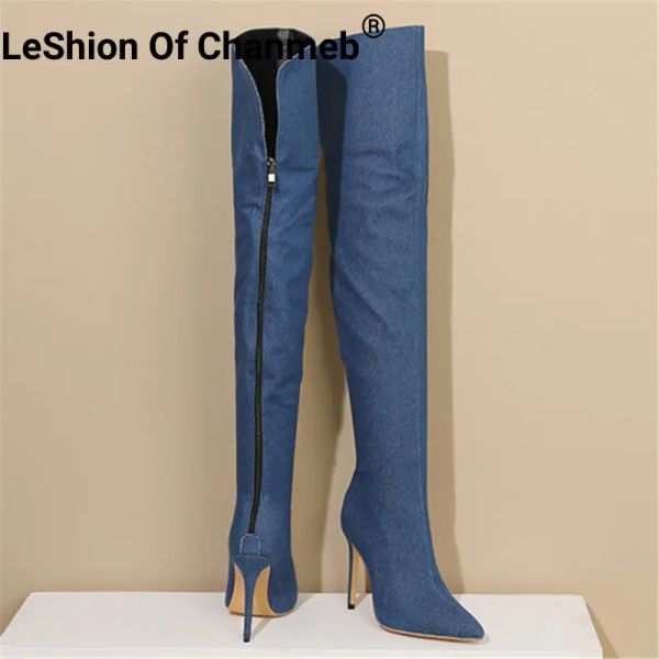 Bottes Leshion de Chanmeb Plus taille 48 Femmes Blue Denim Jeans surtheknee Boots Back Zipper Sexy Stiletto Super High Heels Boot