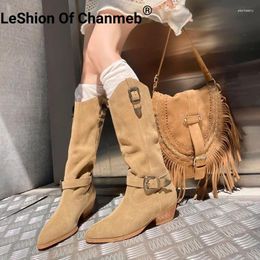 Bottes LeShion de Chanmeb femmes vache daim concepteur double boucle de ceinture Western Cowboy femme Maillard marron chaussures à bout pointu 40