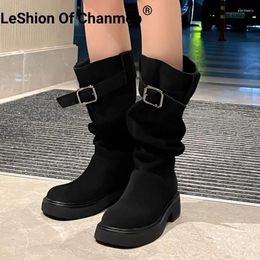 Boots LeShion of Chanmeb Femmes Cow Suede Baille Boucle Chunky Bottom Kneehigh Plated Boot Lady Platform Square Toe Toe Bourgogne Bourgogne