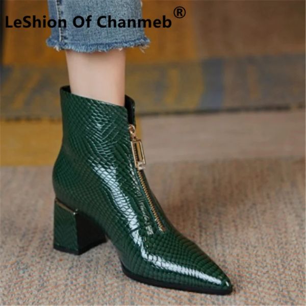 Botas Leshion of Chanmeb Women Botas de tobillo de cuero genuinas Crocodile Verde cremallera delantera de bota corta de punta corta 3340 Lady Shoe NUEVO