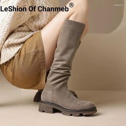 Bottes Leshion of Chanmeb Femmes Strened Suede Kneehigh Winter talons grossiers zipper Plate-forme de femme plissée Gothic Shoes 34-42