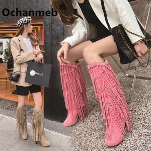 Boots LeShion of Chanmeb Femmes Tassel Galent Bottes hautes Sexy Sexe Talon haut Toe Toe Fringe Slipon Long Boot Woman Spike Heel Shoe 43