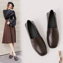 Laarzen Lihuamao Brown Penny Loafers voor vrouwen glijden op muilezelsvierkant teen casual flats schoenen werkschoenen buiten wandelschoenen buitenschoenen