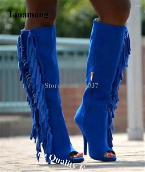 Botas Linamong Mujeres encantador Peep Toe Stiletto Heel Tassels Gladiator Growe Blue Verde Fringes Knee Alta