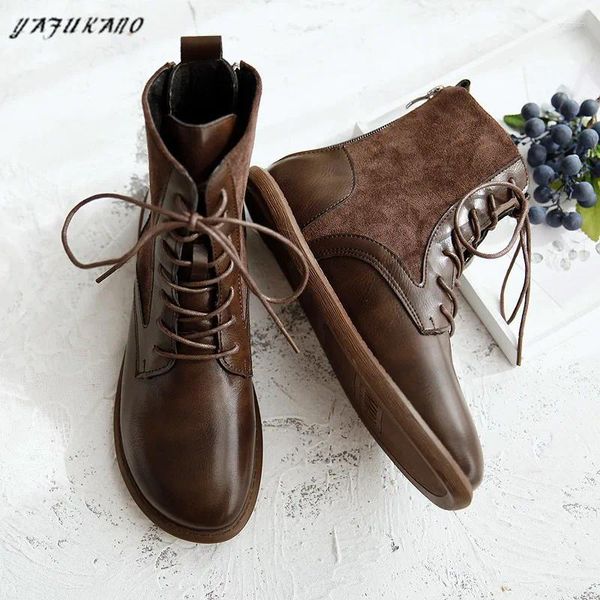 Botas literarias retro mujeres tacón plano invierno cálido casual corto hecho a mano con cordones tobillo mori niña zapatos simples