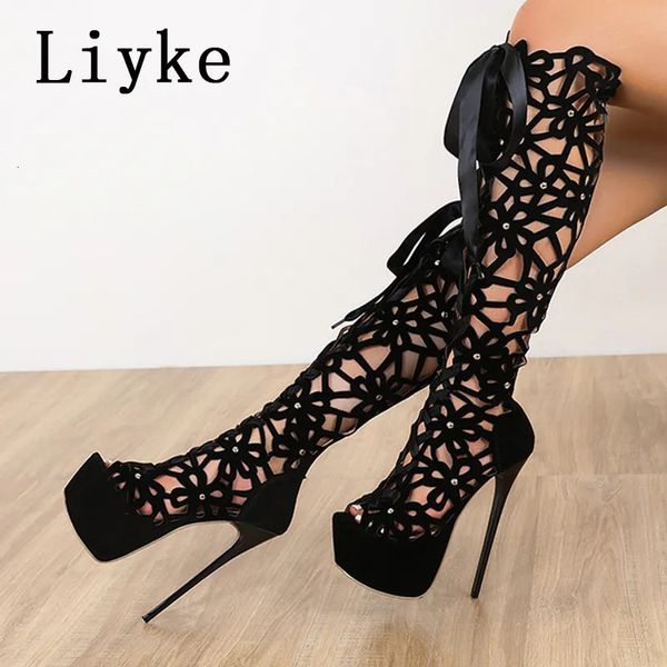 Bottes Liyke 16CM Ultra mince talons hauts Sexy discothèque évider sur les bottes au genou femmes Peep Toe à lacets Zip plate-forme chaussures sandales 231120