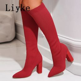 Boots liyke automne tricot stretch tricot tissu chaussettes femmes genoues bottes modes rouges rouges talons carrés chaussures botas largas