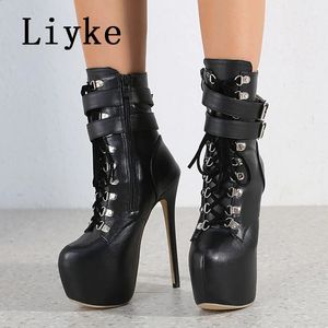 Boots Liyke Automn Winter Plateforme pour femmes Sexy Round Toe Backle Strap Pole Dance High Heels Pumps Fashion Laceup Rison Shoe 231214