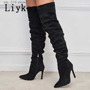 Bottes Liyke mode plissé cuisse haute sur le genou chaussures longues femmes bottes automne hiver bout pointu Zip talons fins pompes taille 35-42 T230824