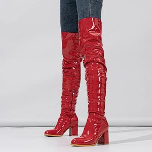 Bottes Liyke mode bout rond moto cuissardes femmes rouge plissé en cuir verni sur le genou chaussures Zip automne hiver talons 231208