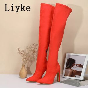 Bottes Liyke sexy sur la cuisse du genou High Boots Femme Red Brown Stretch Flock Pointed Toe Talons Fashion Zip Long Women Shoe