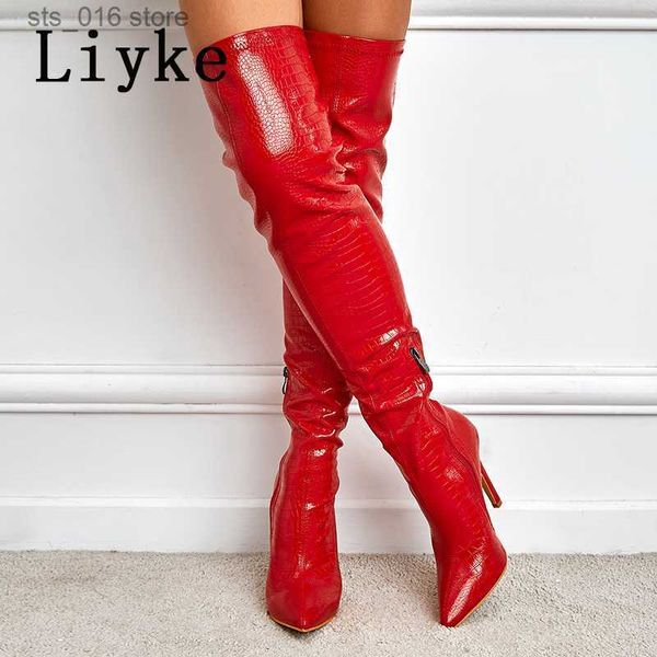 Bottes Liyke Sexy rouge serpent imprimé en cuir sur les bottes au genou femmes talons aiguilles pompes mode bout pointu Zip cuissardes chaussures dame T230824