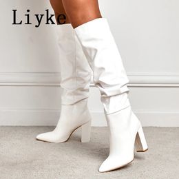 Bottes Liyke taille 35-42 blanc plissé en cuir bottes longues femmes automne hiver talons épais moto genou chaussures hautes Botas Largas Mujer 231129